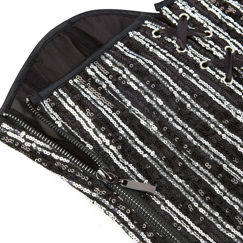 Description Picture 6 of itemWomen Sequin Corset with Zipper Overbust Burlesque Bustier Body Shaper Steampunk Corselet Basques Vintage Party Costume