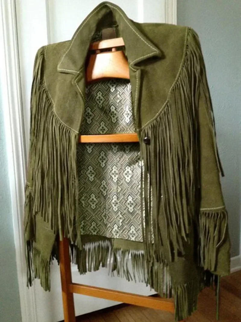 Description Picture 4 of itemLong Sleeve Ethnic Jacket with Suede Fringe Casual Lapel Pocket Leather Jacket Woman Tassel Coat Autumn Street Outwear 2025