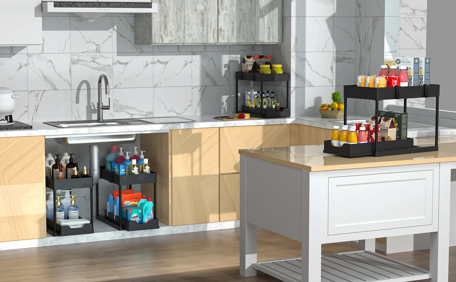 Description Picture 2 of item2-Tier Multi-Use Kitchen and Bathroom Organizers Storage with Sliding Drawers, Bathroom Cabinet Organizer with Hooks Hanging Cup