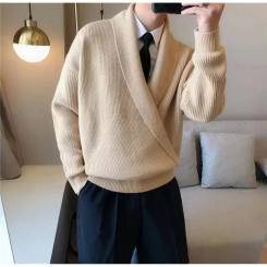 Spring Autumn Style Solid Color V-neck Sweater For Men Trendy Leisure Idle Style Casual Knitted Top Jacket