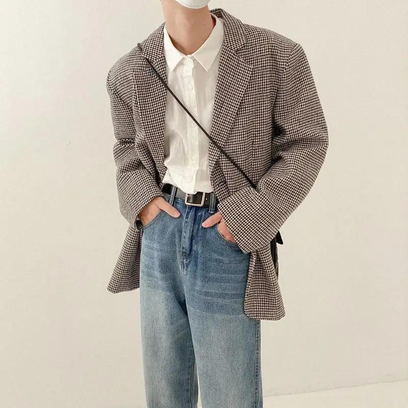 Description Picture 5 of item2024 Autumn Winter New Men's Notched Button Plaid Business Casual Comfortable All-match Long Sleeve Loose Jackets Blazer