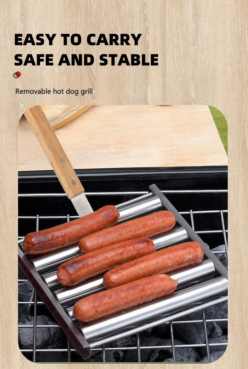 Description Picture 3 of itemHot Dog Roller Rack, Stainless Steel Outdoors BBQ Sausage Grill Pan With Long Wood Handle,New Barbecue Tools
