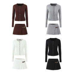 2024 Women's Knitted Buttoned Long Sleeve Round Neck Cardigan High Waist Pleated Leather Button Skirt Fashion Suit