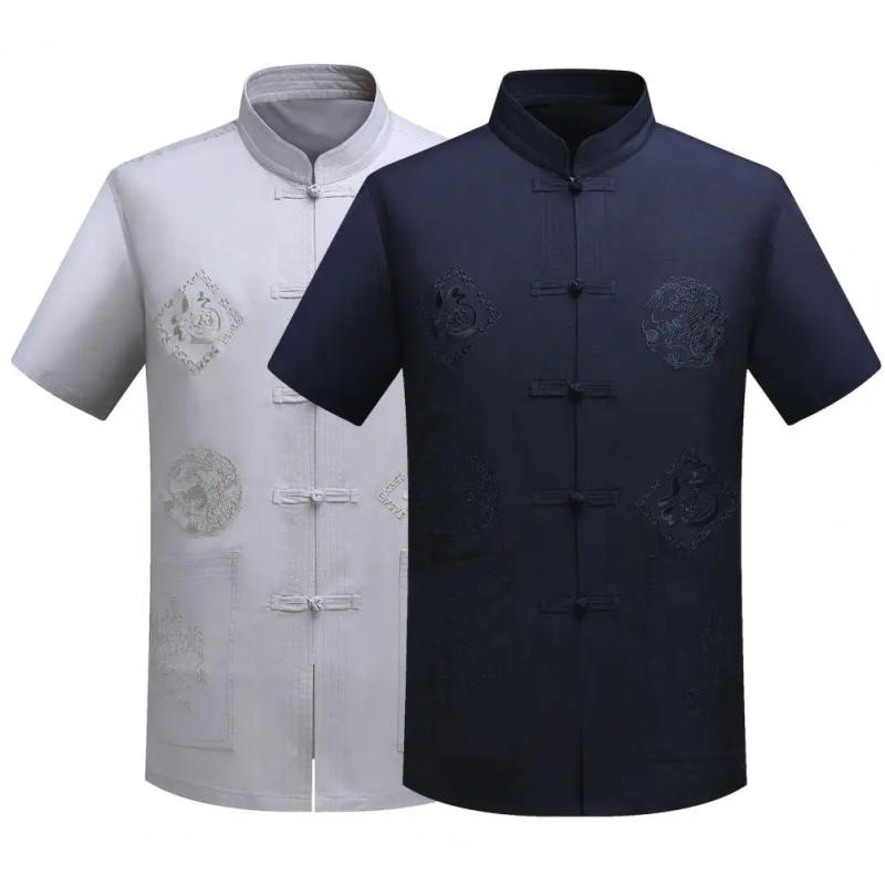 Description Picture 2 of itemSummer Men Shirt Embroidery Dragon Summer Vintage Slim-fitting Tang Suit for Daily Wear Men's Short-Sleeved Shirts