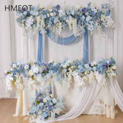 Blue White Orchid Mist Pampas Grass Sofa Table Runner Flower Row Wedding Backdrop Frame Deco Aisle Floor Floral Arrangement Prop