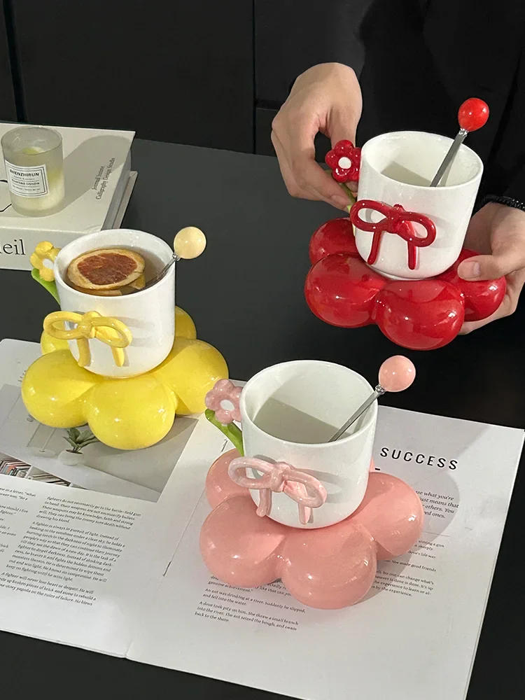 Description Picture 3 of itemThree-dimensional Bow Ceramic Mug and Plate Home Flower Coffee Cup Saucer Exquisite Girl Office Breakfast Milk Cup Birthday Gift