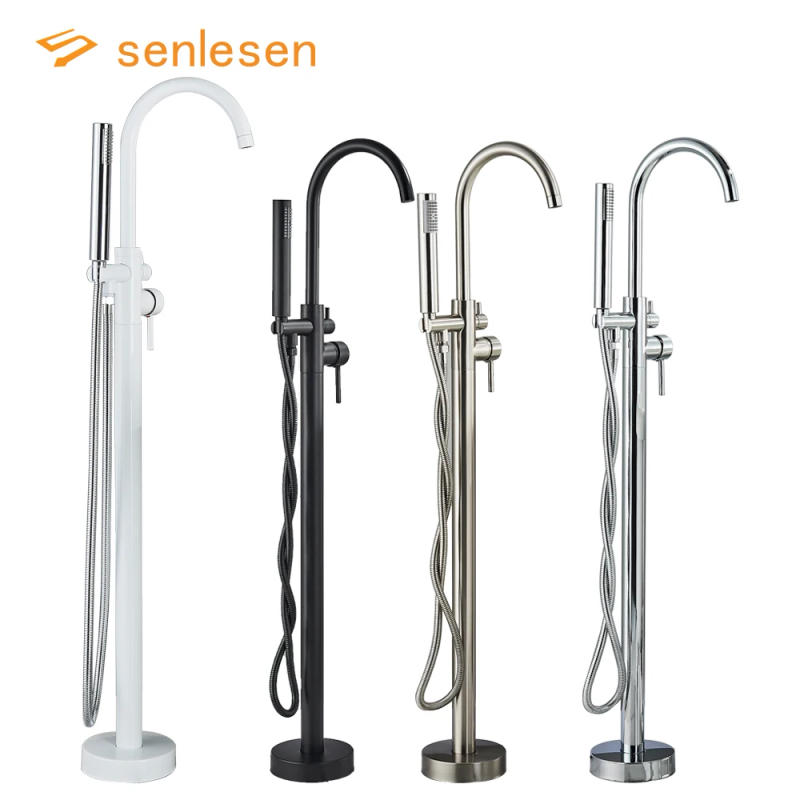 Description Picture 2 of itemSenlesen White Floor Mounted Bathtub Shower Faucet Dual Handle Freestanding Swivel Spout Bathroom Faucet Hot Cold Mixer Crane