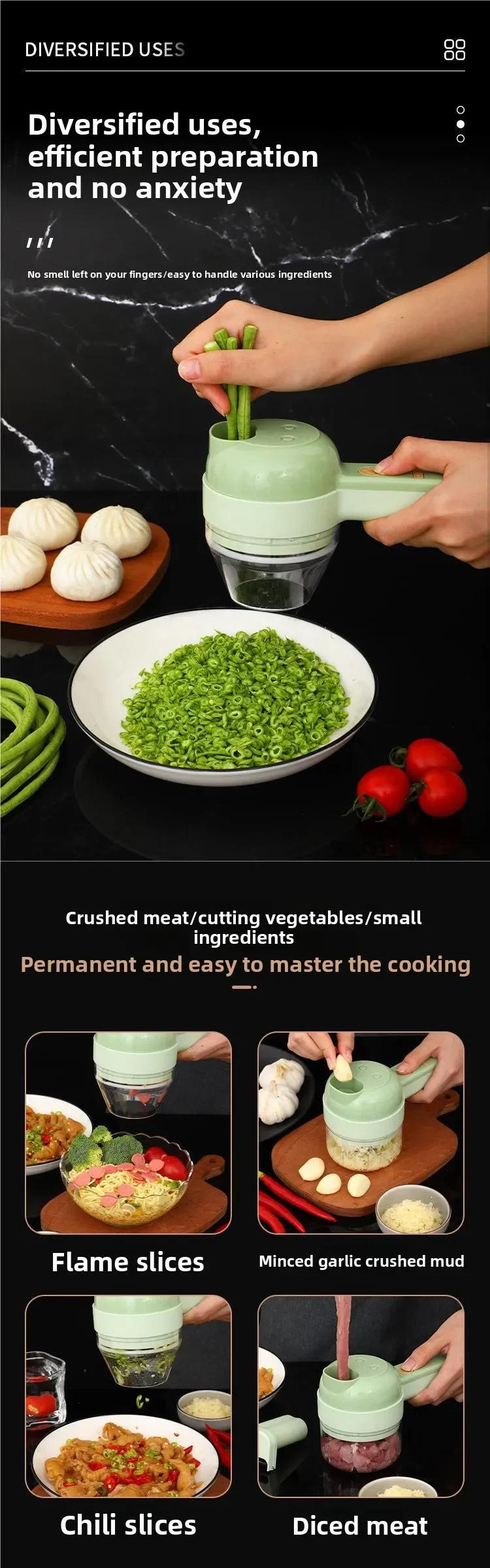 Description Picture 3 of itemElectric Vegetable Cutter Set Handheld Wireless Electric Garlic Masher Food Chopper Meat Grinder Machine Food Peel Slice 4In1