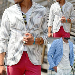 Men Lapel Long Sleeve Suit Coat Striped Print Pockets Buttons Placket Formal Business Blazer Thin Breathable Suit Jacket