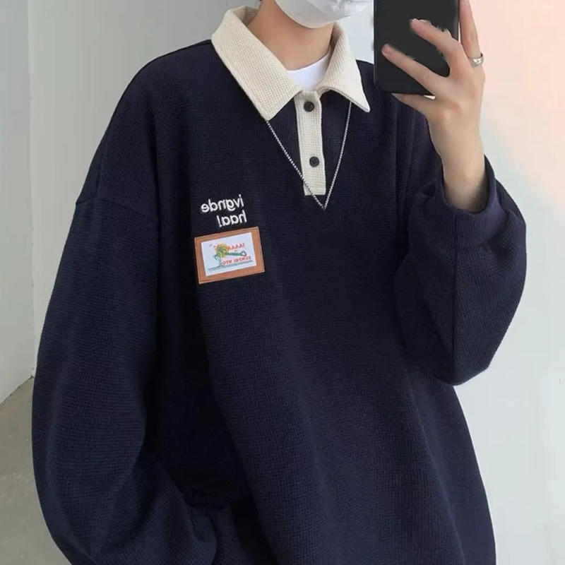 Description Picture 3 of itemMen Japanese Style Sweatshirt Retro Design Sweatshirt Men's Waffle Texture Sweatshirt with Lapel Collar Logo Print for Sport