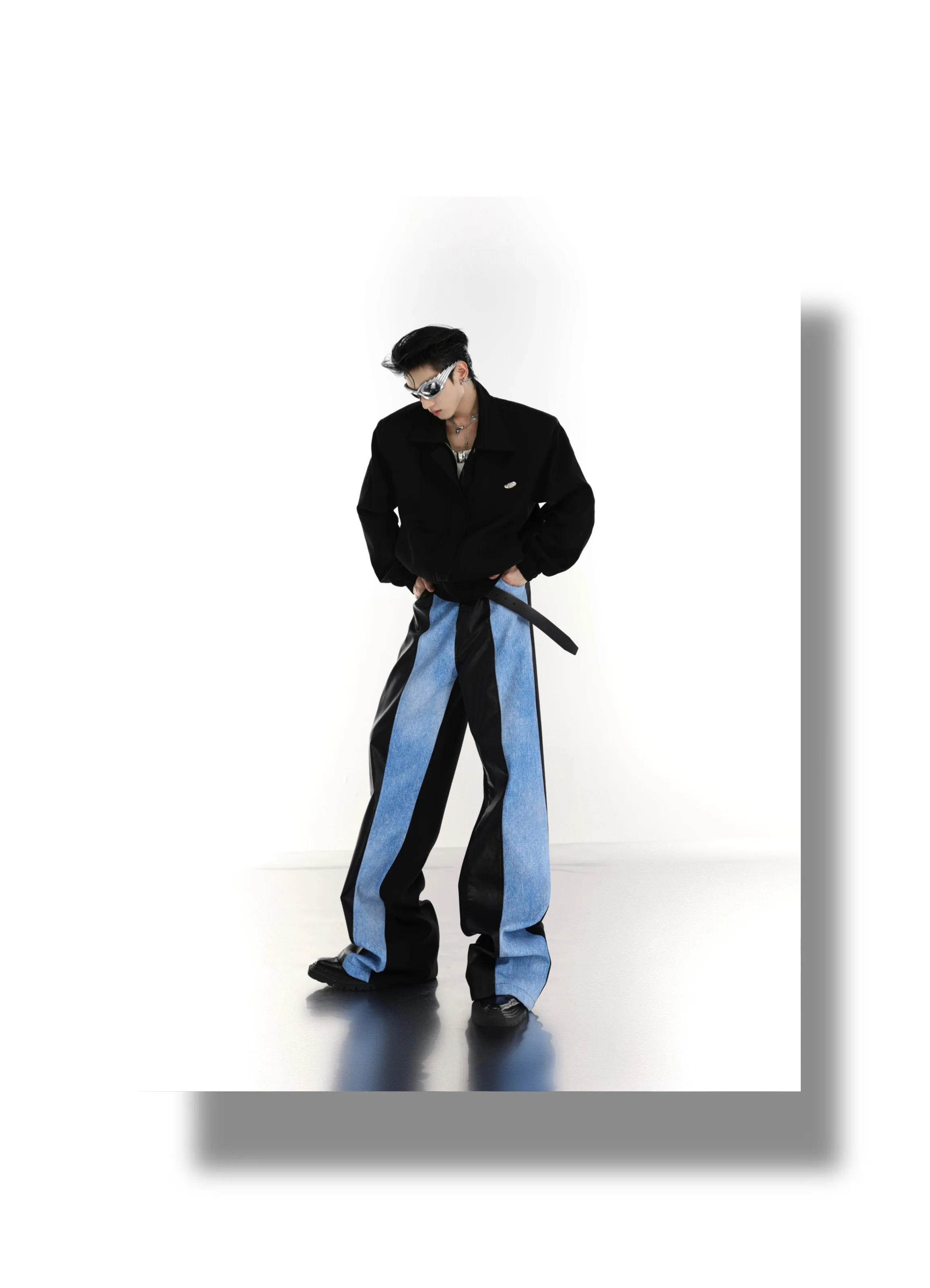 Description Picture 6 of itemMen's Avant-Garde Style High Street PU Leather Contrast Color Stitching Denim Trousers Design Sense Slightly Flared Casual Pants