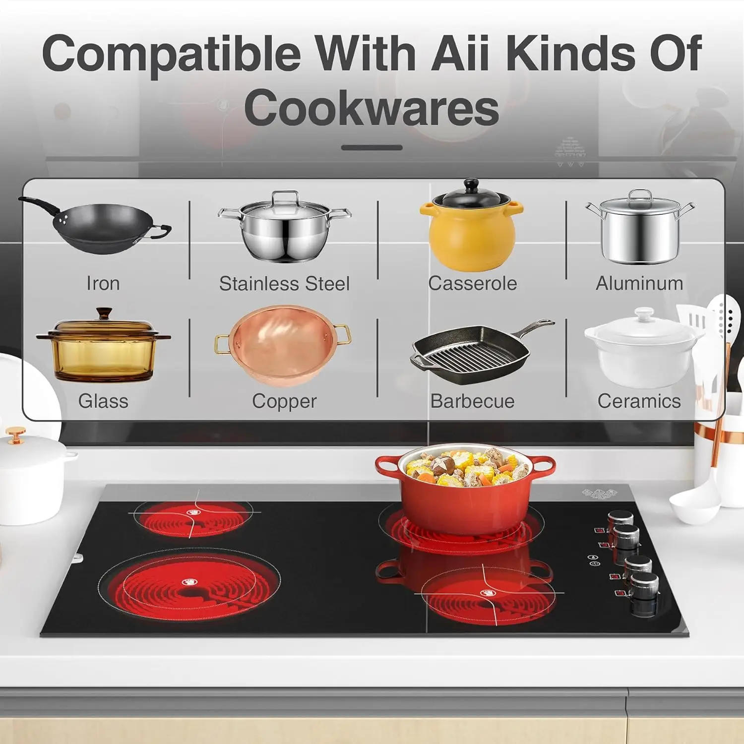 Description Picture 6 of item4 Burner Electric Cooktop,7200W Built-in & Countertop 4 Burner Electric Stove Top with 9 Power Levels, Child Safety Lock