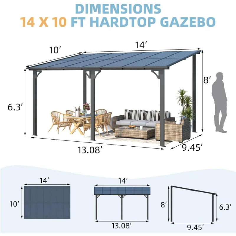 Description Picture 5 of item14' x 10' Hard Top Sloped to Roofed Gazebo Pergola 140 sq. ft. Shading for large wall-mounted heavy-duty awnings in the backyard