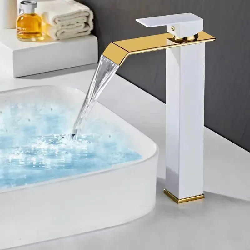 Description Picture 3 of itemGold and white Bathroom Faucet Waterfall Basin Bathroom Basin Mixer Tap Hot and Cold Sink faucet