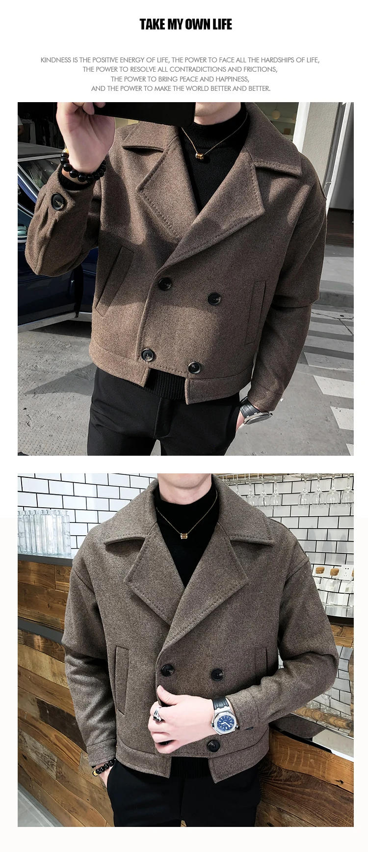 Description Picture 4 of item2023 Winter Thicken Wool Blends Men Warm Fashion Casual Thick Wool Jackets Korean Loose Short Woolen Coat Male Clothing N33