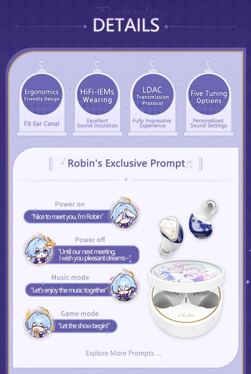 Description Picture 6 of itemMOONDROP ROBIN Earphone Honkai Star Rail Robin's Earphones TWS Hybrid Dynamic Driver + Planar Driver ANC TWS Earphones