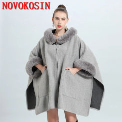 6 Colors 2024 New Fashion Woolen Faux Fur Loose Poncho Coat Winter Thick Women Long Cardigan Streetwear Cloak With Pocket Hat