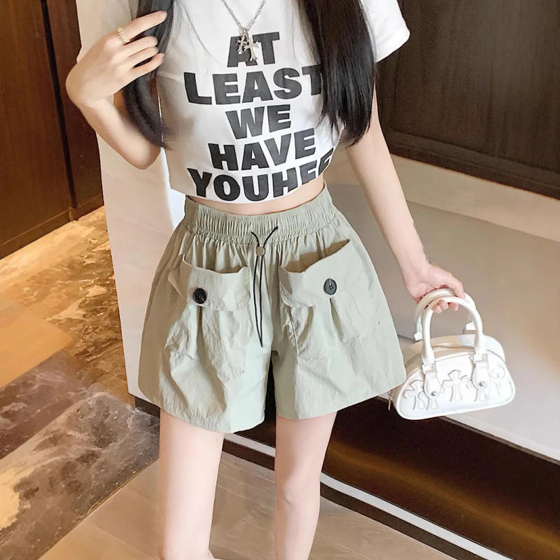 Description Picture 5 of itemWomen's High Waist Slim Spice Girl Style Solid Color Casual Shorts Summer 2025 Workwear Wide Leg Double Pocket Drawstring Pants