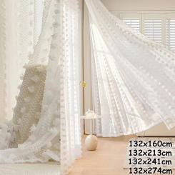 White Voile Sheer Curtains for Living Room Pompom Window Drapes Rod Pocket Party Wedding Decor Valance Door Curtains Net Panels