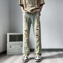 2024 Fashion Men's Spring Summer Streetwear Ripped Loose Jeans Male Hole Casual Straight Trousers Men Wide Leg Denim Pants F194