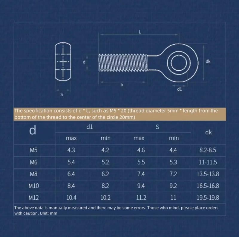 Description Picture 3 of itemM5 M6 M8 M10 M12 304 Stainless Steel Eye Bolt Stud Articulated Anchor Bolt Slip Hole Screw Half thread/Full thread