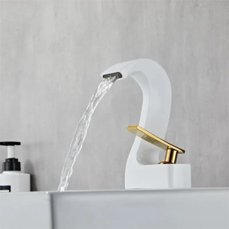 Description Picture 4 of itemBathroom Faucet Solid Brass White & Gold  Bathroom Basin Cold And Hot Water Mixer Sink Tap Single Handle Deck Mounted Tap