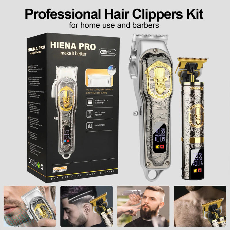 Description Picture 2 of itemHIENA Vintage Relief Hair Clipper Set 2pcs Professional Men's Beard Hair Trimmer Portable Cordless Electric Hair Cutting Machine