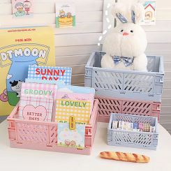 2 Medium+2 Small Durable Folding Storage Crate Plastic Storage Baskets for Desk Organizing, Office Drawer Organizer