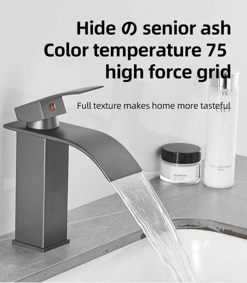 Description Picture 4 of itemBathroom Faucet Basin Hot And Cold Water Mixer Vanity Tap Gun Grey Finish Deck Mount Sink Mixer Waterfall Washbasin Tap