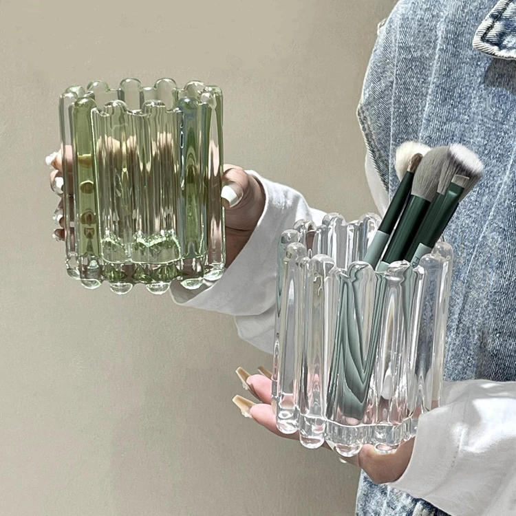 Description Picture 2 of itemWave Edge Stripe Makeup Brush Bucket Eyebrow Pencil Holder Simple Glass Ornament Desktop Storage Container