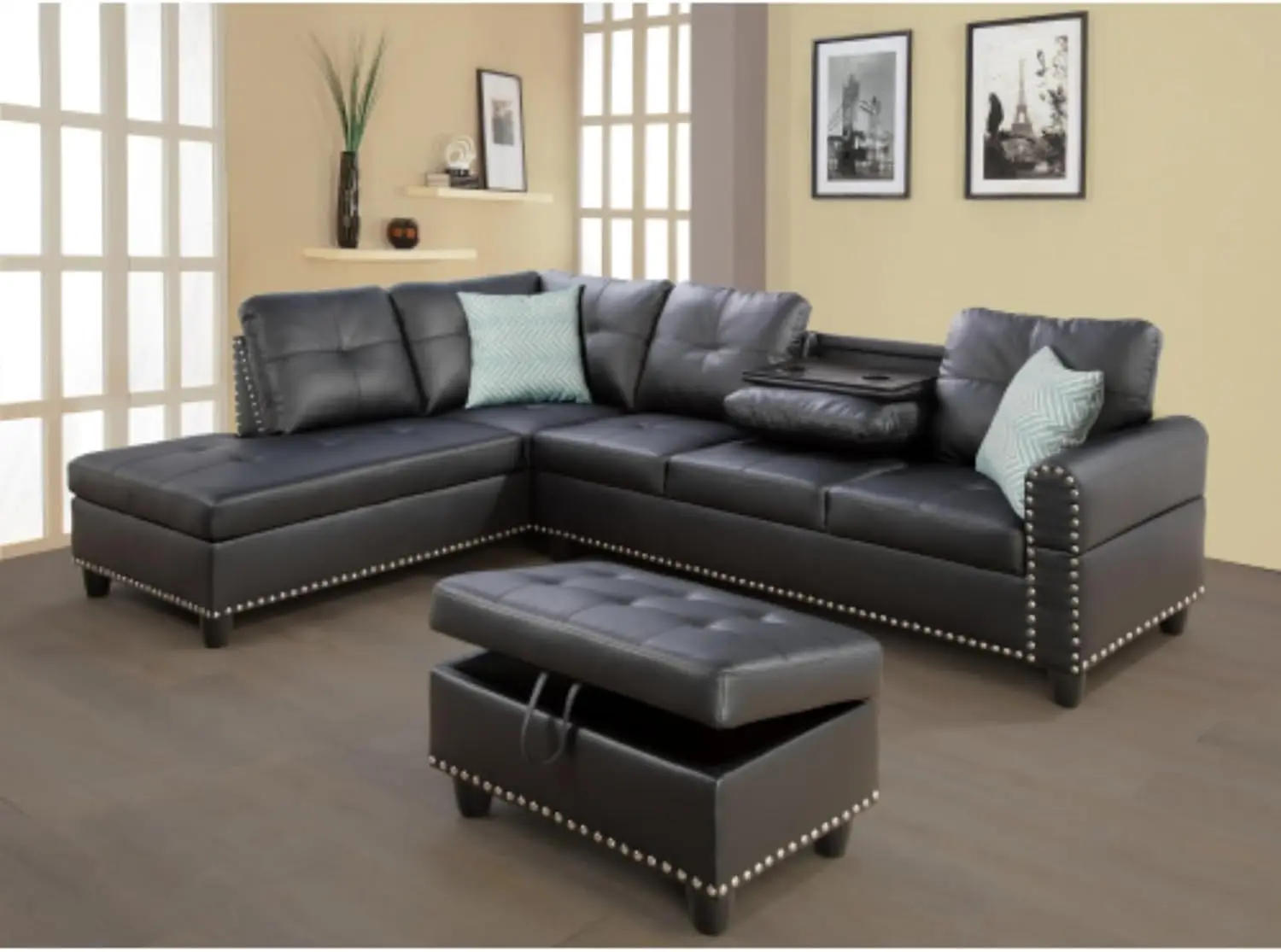Description Picture 2 of itemFaux Leather Sectional Sofa Set with Ottoman，Comes with 2 Toss Pillows and Ottoman Has The Storage Function, Living Room Sofas