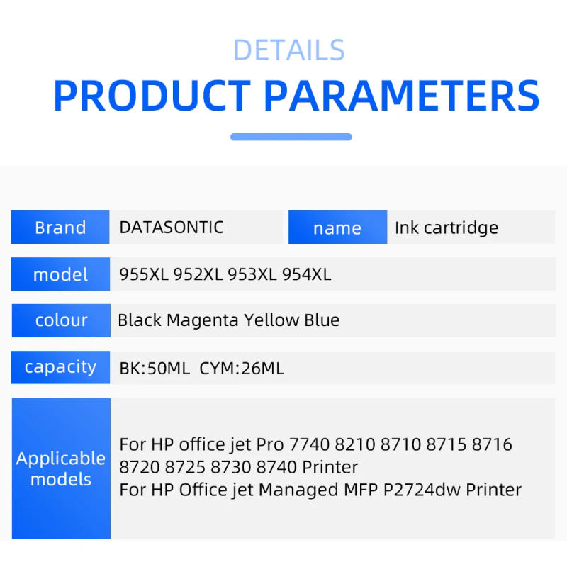 Description Picture 3 of itemNew 955XL 952XL 953XL 954XL Universal Ink Cartridge for HP Officejet Pro 7740 8210 8710/5 8716 8720/5 8730 8740 P2724dw Printer