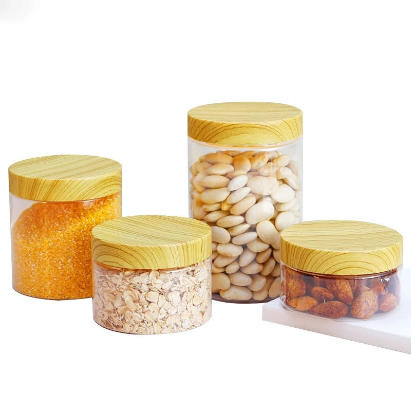 Description Picture 6 of itemImitation Wood Grain Sealed Jar Transparent Plastic Food Jar Dried Fruit PET Flower Tea Biscuit Box Food Packaging Bottles