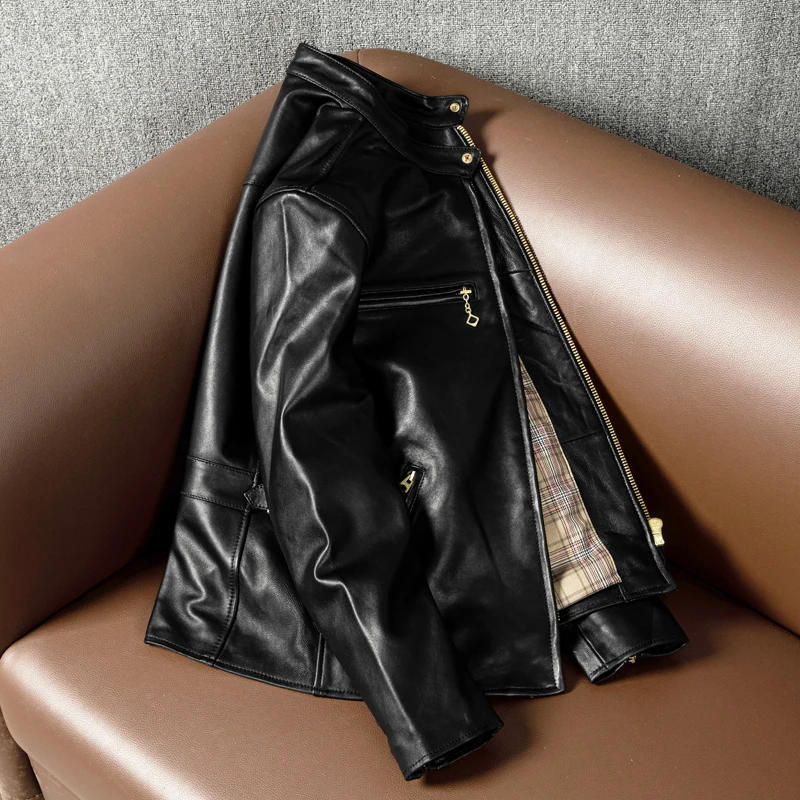 Description Picture 3 of itemYR!Free shipping.Wholesales black slim fit Classic rider style real leather coat.J100 soft sheepskin jacket.Men fashion cloth