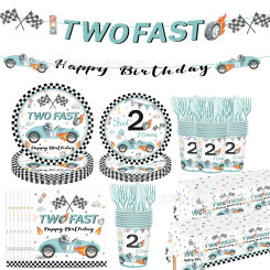 10pcs Racing Two Fast Disposable Tableware Blue Racing Car Paper Plate Napkins Cups Happy 2nd Boys Birthday Party Supplies