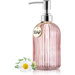 16OZ Fashion Stripe Clear Glass Refillable Soap Dispenser with 304 Stainless Steel Pump Premium Soap Dispenser (Clear Pink)