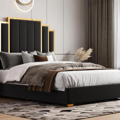 Large bed frame and 61 inch headboard, gold-plated upholstered soft mattress, platform bed without box spring, black
