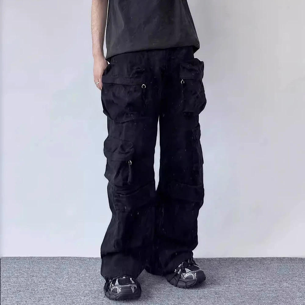 Description Picture 4 of itemY2k Multi-pockets Straight Baggy Cargo Pants for Men Pantalones Hombre Black Overalls Streetwear Loose Casual Trousers Oversized