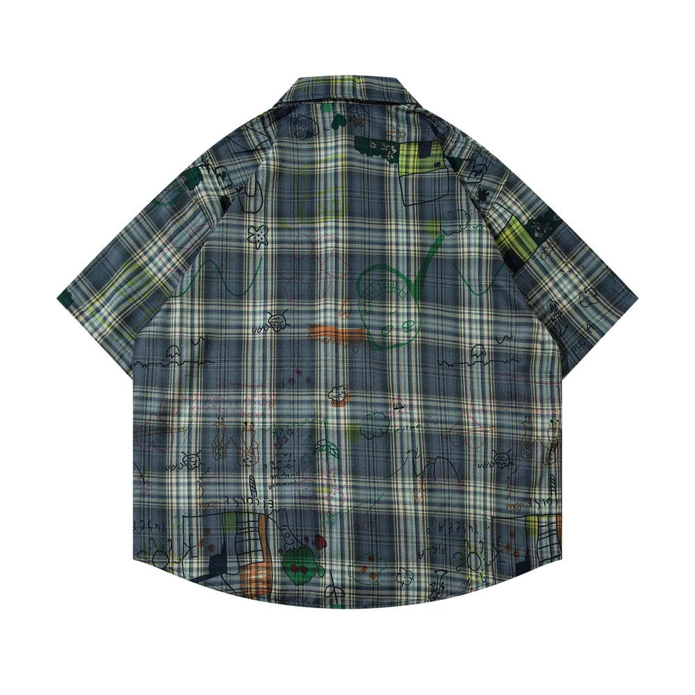 Description Picture 5 of itemGraffiti Print Plaid Short Sleeve Shirts Mens Embroidery Streetwear Lapel Single Breasted Drop Shoulder Half-Sleeve Shirts Men