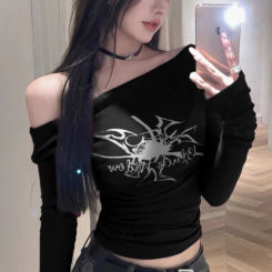 Long Sleeve Tshirts Women Fashion Slash Neck Long Sleeve Sexy Tees 2025 Ropa Mujer Casual Black Print Crop Tops Summer T-shirts