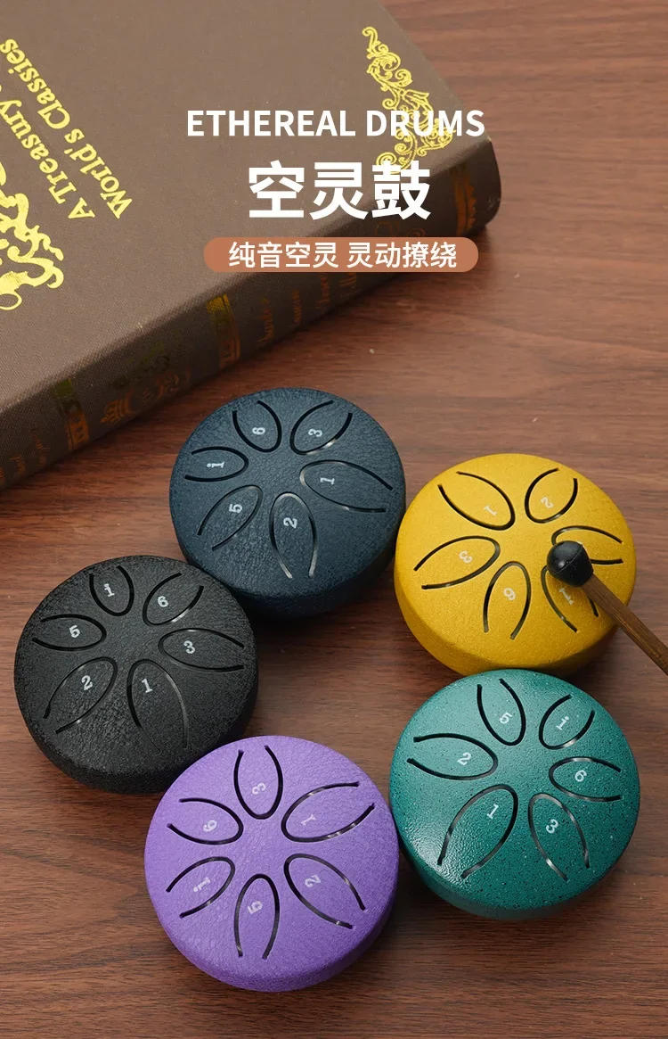 Description Picture 2 of item3 Inches 6 Tones Steel Tongue Drum Outdoors Rain Drums Instrument Mini Hand Drum Ethereal Drums Sticks Percussion Accessories