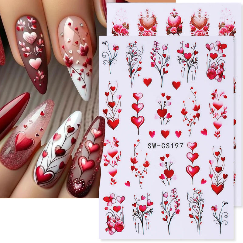 Description Picture 4 of itemNew Valentine's Day Nail Art Stickers 3D Red Rose Love Heart Nail Decals DIY Adhesive Slider Manicure Decorations Nail Supplies
