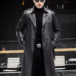 New Autumn Winter Mens Cowhide Genuine Leather Trench Black Punk Outwear Single Breasted Slim Fit Business Casual Men Long Coat