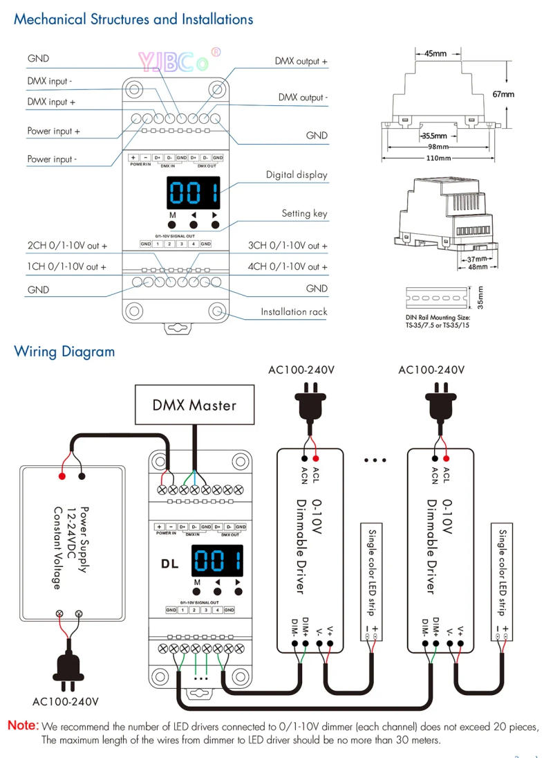 Description Picture 6 of itemSkydance DL 0-10V Din Rail 4 Channels DMX 512 Converter 1-10V RGBW RGB single color dimmer 12V-24V 4CH DMX RDM Signal Decoder