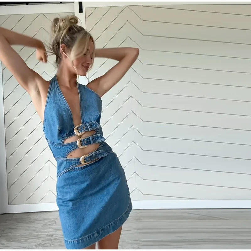 Description Picture 6 of itemSexy Denim Mini Dress Women Slim Blue Hollow Out Halter Sleeveless Female Dresses 2025 Summer Fashion Beach Lady Cowboy Robe