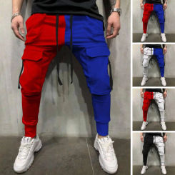 Men Cargo Pants Drawstring Elastic Waist Loose Multi Pockets Contrast Color Soft Breathable Ankle-banded Daily Sports Streetwear