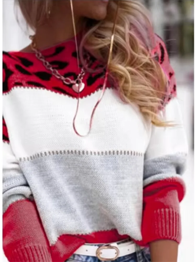 Description Picture 4 of itemLeopard Printed Color Blocked Long Sleeved Top Women's Casual Round Neck Sweater Fashion Elegant Autumn Top