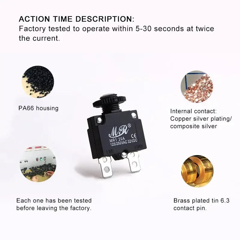 Description Picture 6 of item3A 4A 5A 8A 10A 12A 15A 18A 20A 25A 30A Circuit Breaker Overload Protector Switch Fuse Resettable 220V with Waterproof Cap