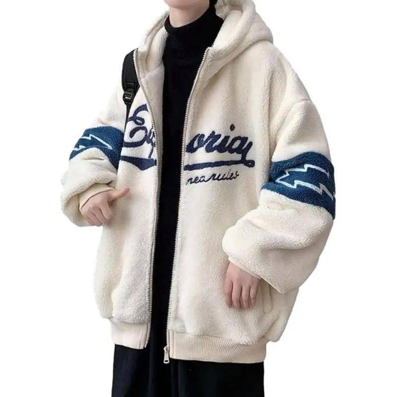 Description Picture 5 of itemMen Autumn Winter Coat Long Sleeve Hooded Zipper Closure Cardigan Letter Decor Thick Warm Windproof Pockets Loose Men Jacket