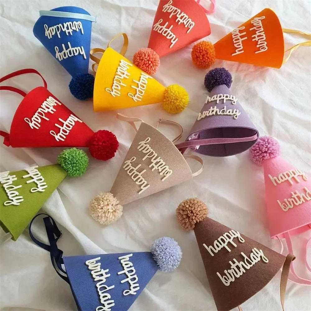 Description Picture 2 of item1pc Thickened Felt Cone Birthday Hats for Girls Boys Colorful Happy Birthday Hat Dress Up for Kids Birthday Party Decorations